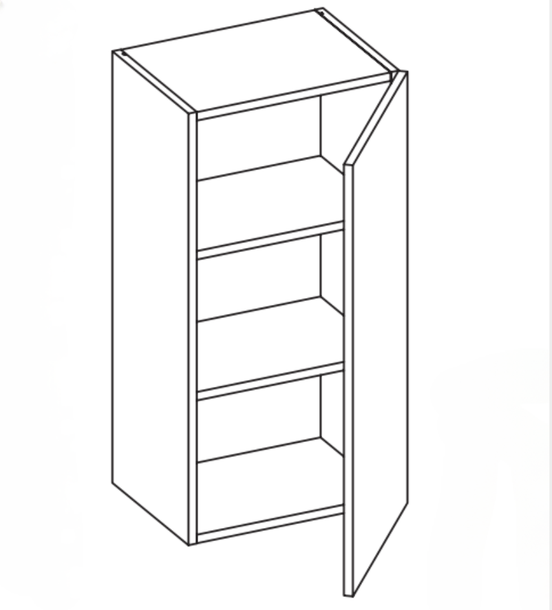Line drawing of an open cabinet with shelves.